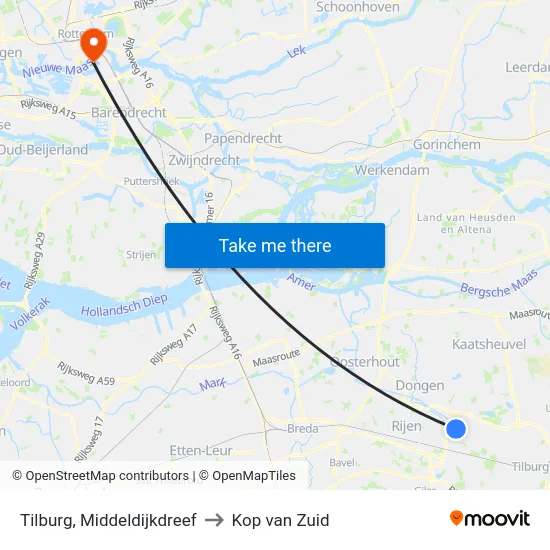 Tilburg, Middeldijkdreef to Kop van Zuid map