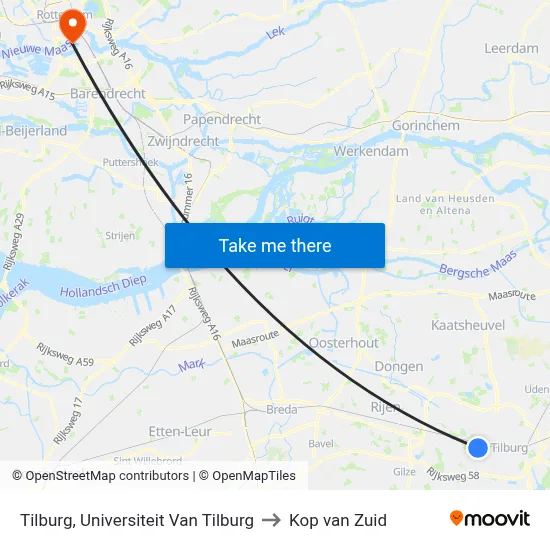 Tilburg, Universiteit Van Tilburg to Kop van Zuid map