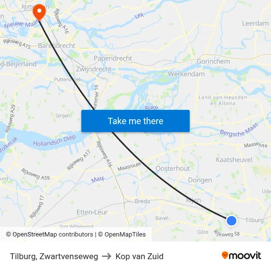 Tilburg, Zwartvenseweg to Kop van Zuid map