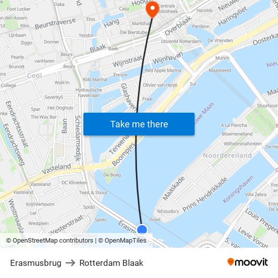 Erasmusbrug to Rotterdam Blaak map