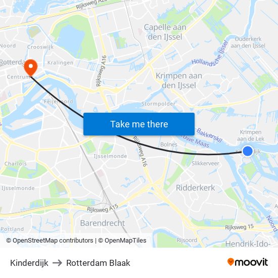Kinderdijk to Rotterdam Blaak map