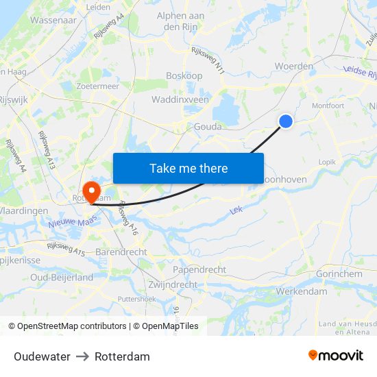 Oudewater to Rotterdam map