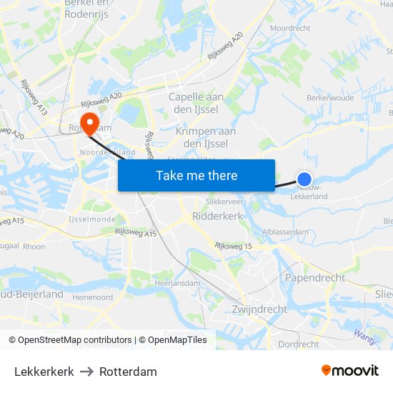 Lekkerkerk to Rotterdam map