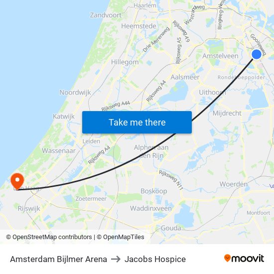 Amsterdam Bijlmer Arena to Jacobs Hospice map