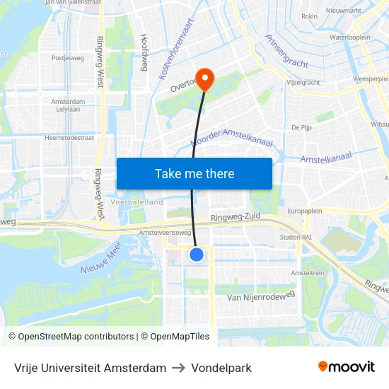 Vrije Universiteit Amsterdam to Vondelpark map