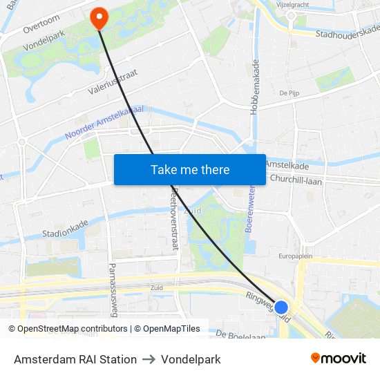 Amsterdam RAI Station to Vondelpark map