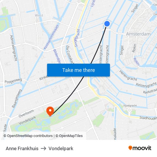 Anne Frankhuis to Vondelpark map