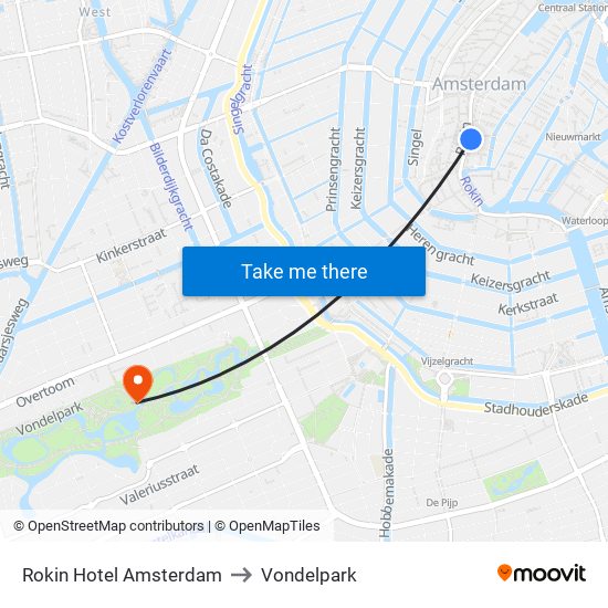 Rokin Hotel Amsterdam to Vondelpark map