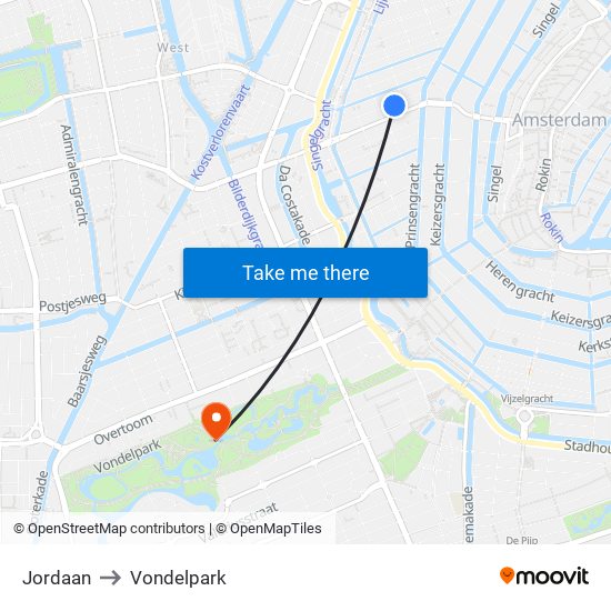 Jordaan to Vondelpark map