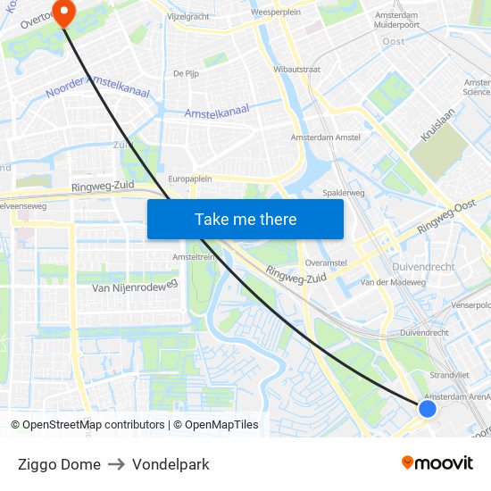 Ziggo Dome to Vondelpark map