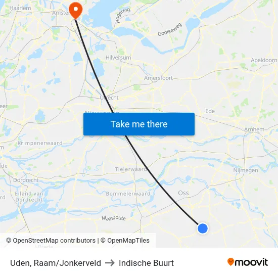 Uden, Raam/Jonkerveld to Indische Buurt map