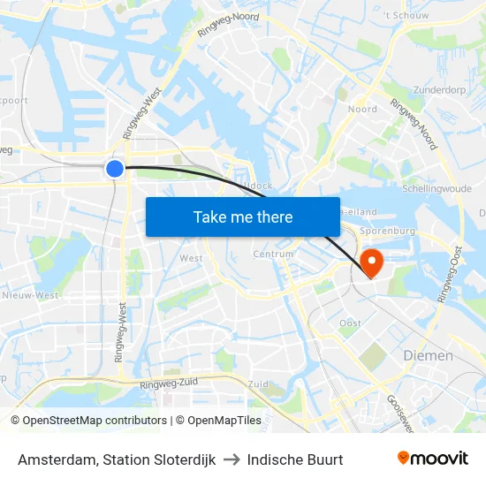 Amsterdam, Station Sloterdijk to Indische Buurt map