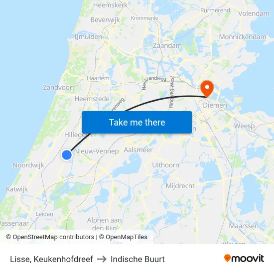 Lisse, Keukenhofdreef to Indische Buurt map