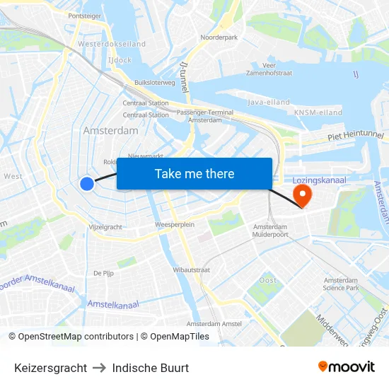 Keizersgracht to Indische Buurt map