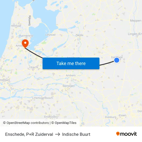 Enschede, P+R Zuiderval to Indische Buurt map