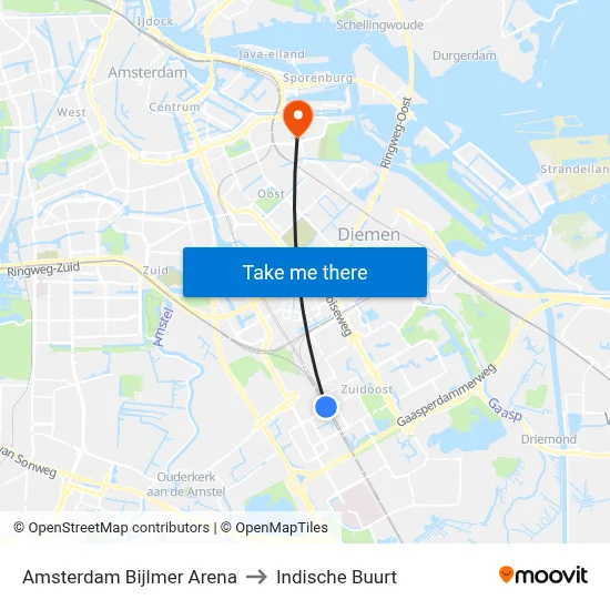 Amsterdam Bijlmer Arena to Indische Buurt map