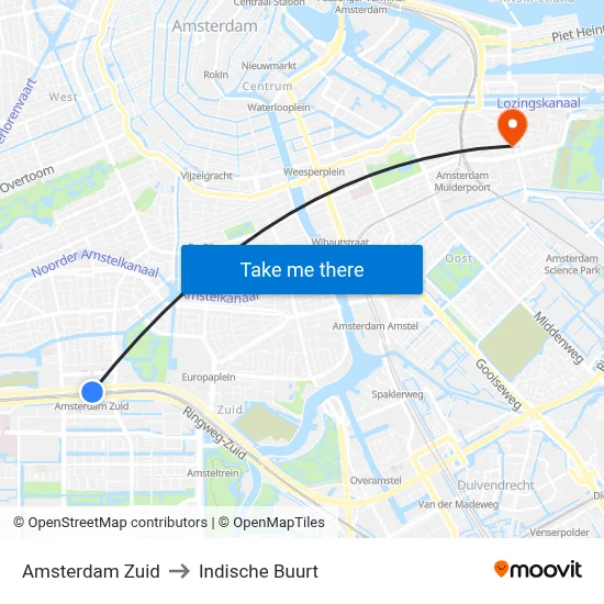 Amsterdam Zuid to Indische Buurt map