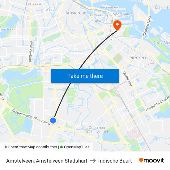 Amstelveen, Amstelveen Stadshart to Indische Buurt map