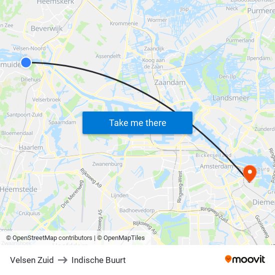 Velsen Zuid to Indische Buurt map