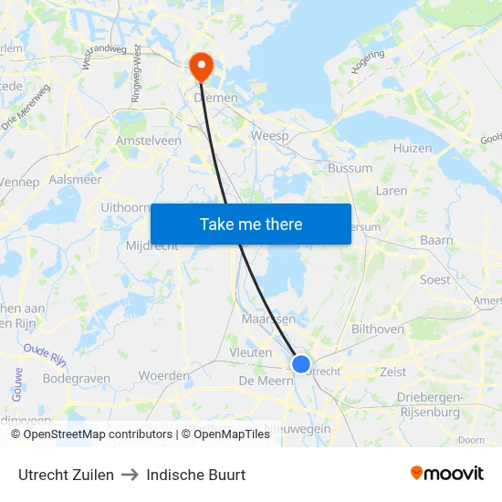 Utrecht Zuilen to Indische Buurt map