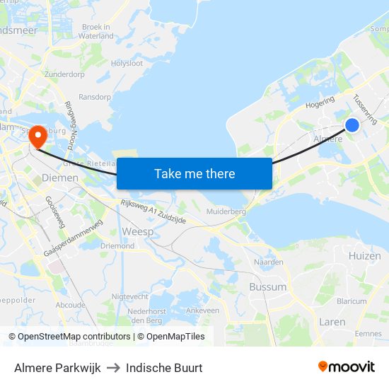 Almere Parkwijk to Indische Buurt map
