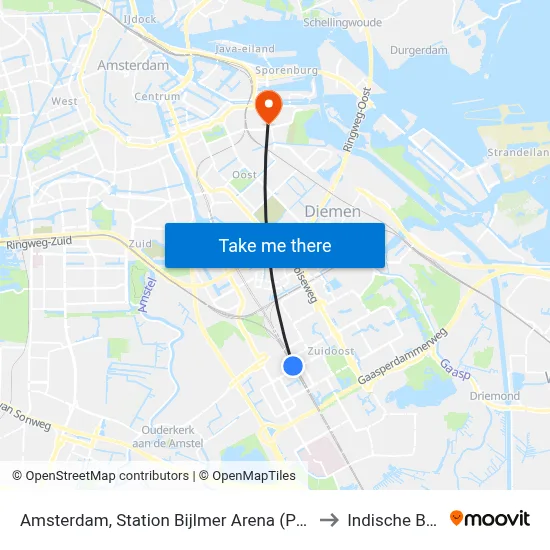 Amsterdam, Station Bijlmer Arena (Perron B) to Indische Buurt map