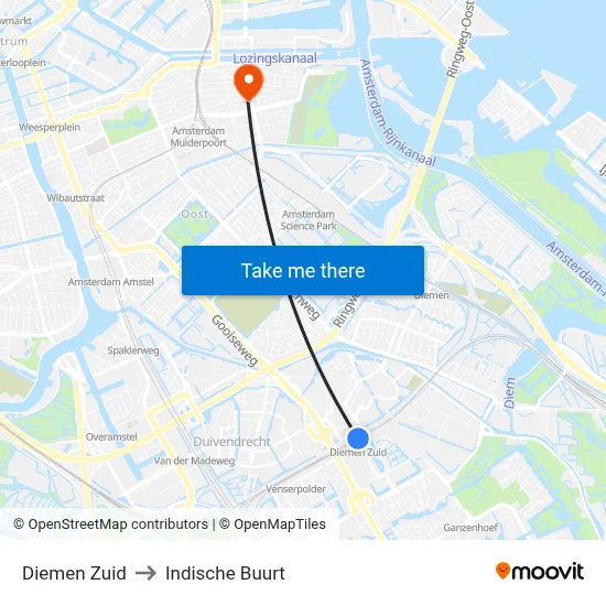 Diemen Zuid to Indische Buurt map