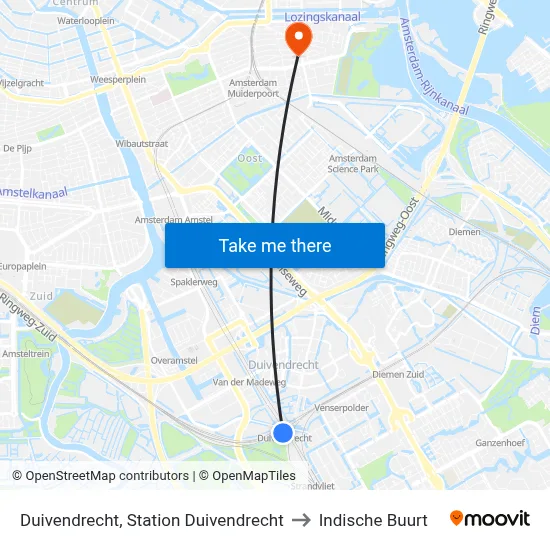 Duivendrecht, Station Duivendrecht to Indische Buurt map