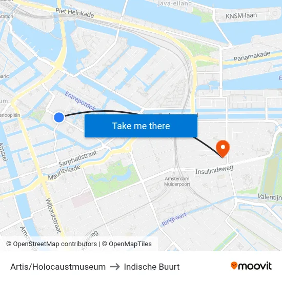Artis/Holocaustmuseum to Indische Buurt map