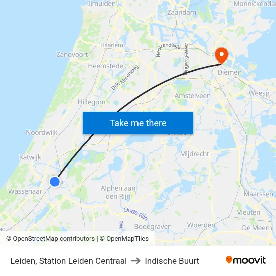 Leiden, Station Leiden Centraal to Indische Buurt map