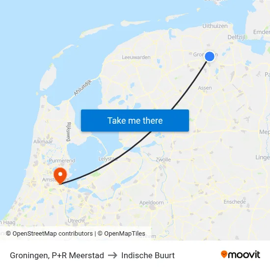 Groningen, P+R Meerstad to Indische Buurt map