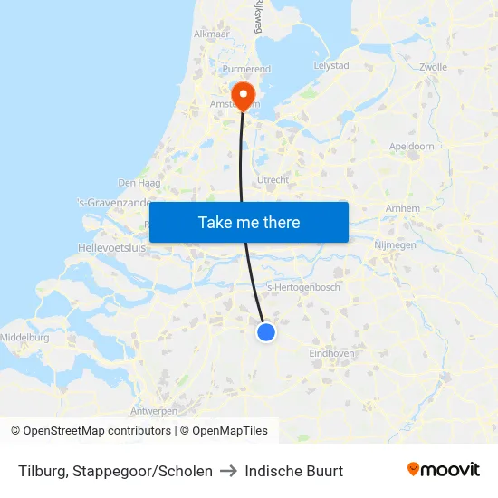 Tilburg, Stappegoor/Scholen to Indische Buurt map