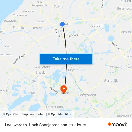 Leeuwarden, Hoek Spanjaardslaan to Joure map