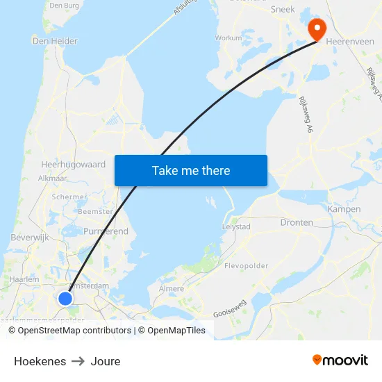 Hoekenes to Joure map