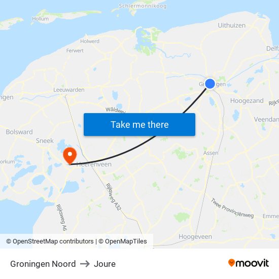 Groningen Noord to Joure map