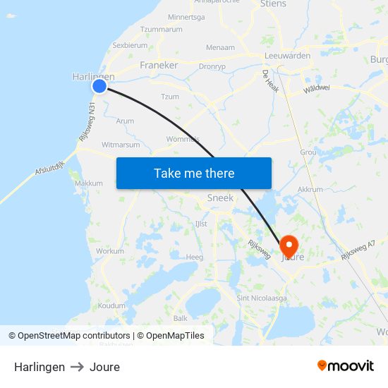 Harlingen to Joure map