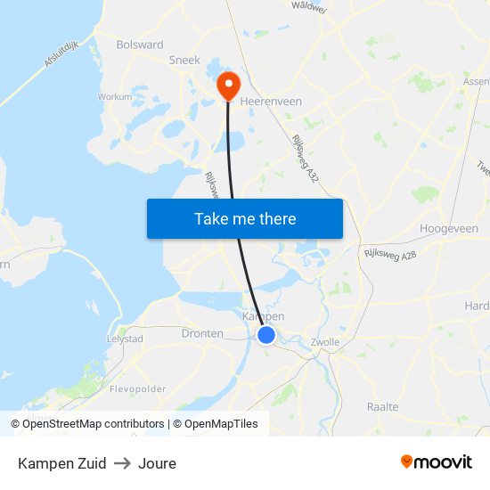 Kampen Zuid to Joure map