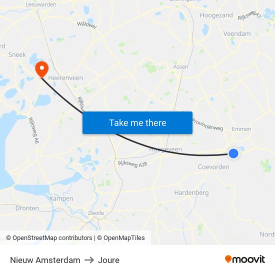 Nieuw Amsterdam to Joure map