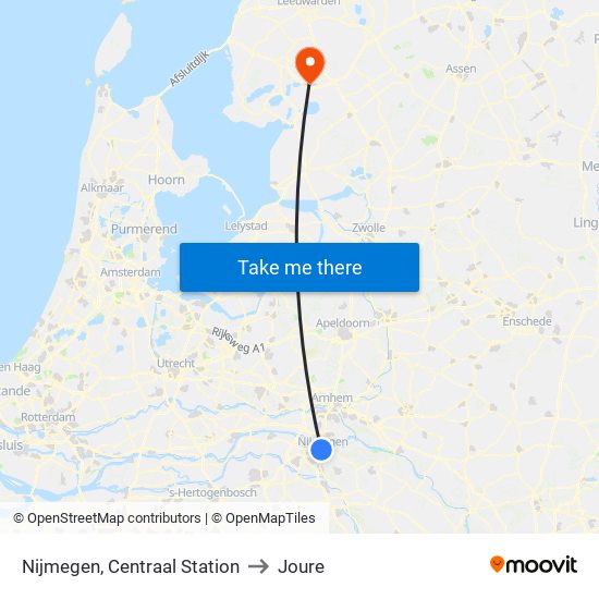 Nijmegen, Centraal Station to Joure map