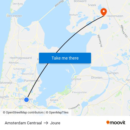 Amsterdam Centraal to Joure map