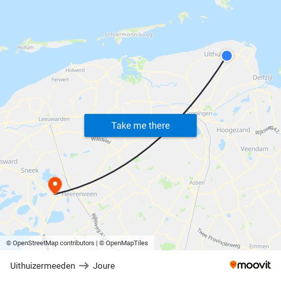 Uithuizermeeden to Joure map