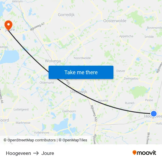Hoogeveen to Joure map
