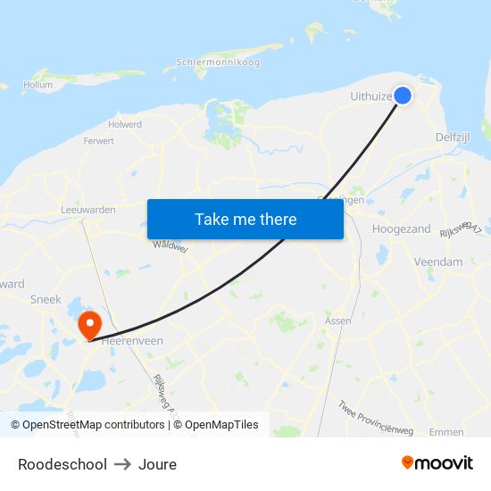 Roodeschool to Joure map