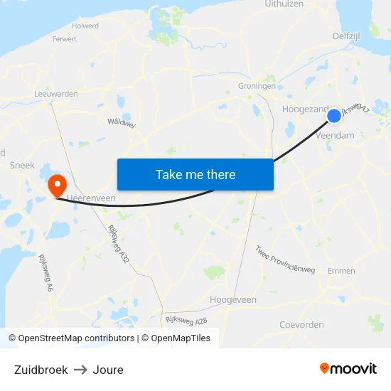 Zuidbroek to Joure map
