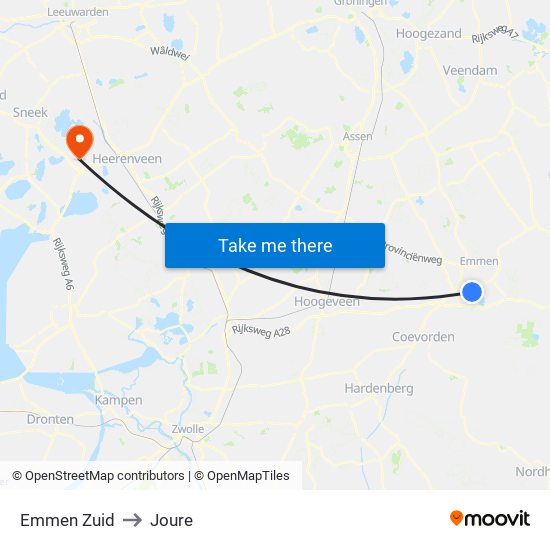 Emmen Zuid to Joure map