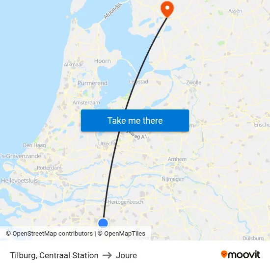 Tilburg, Centraal Station to Joure map