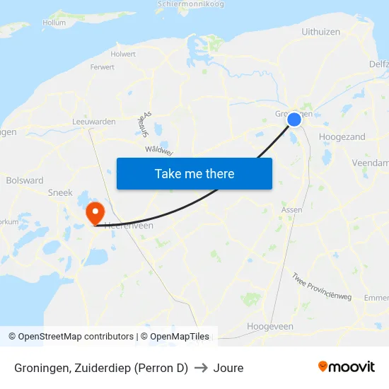 Groningen, Zuiderdiep (Perron D) to Joure map