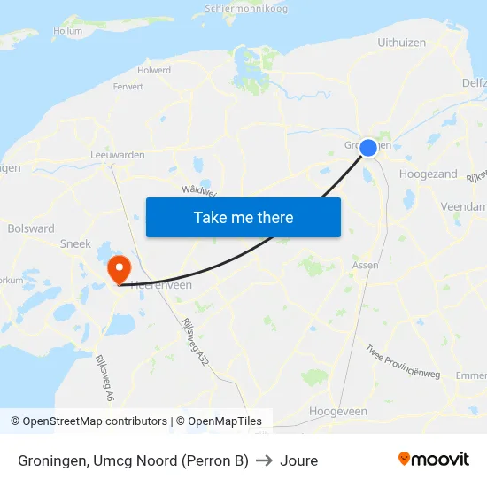 Groningen, Umcg Noord (Perron B) to Joure map