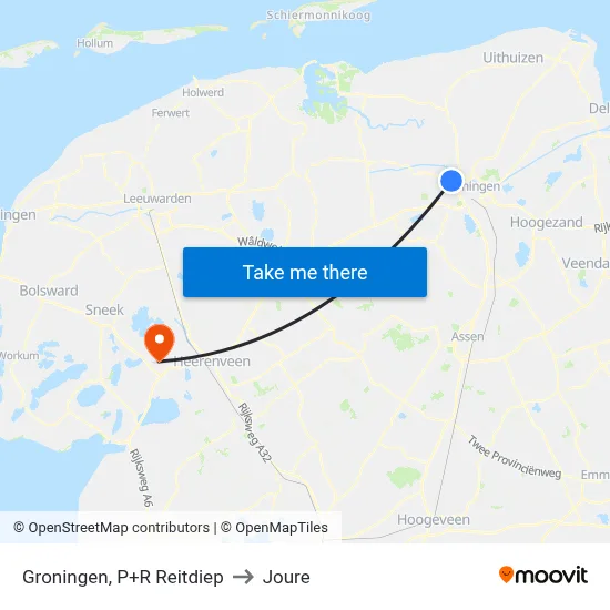 Groningen, P+R Reitdiep to Joure map