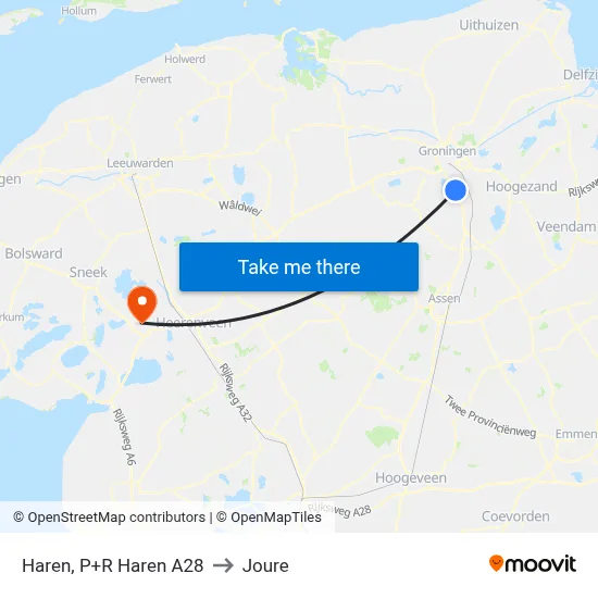 Haren, P+R Haren A28 to Joure map
